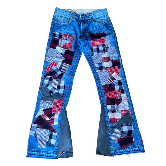 Flannel Patchwork Flared Jeans